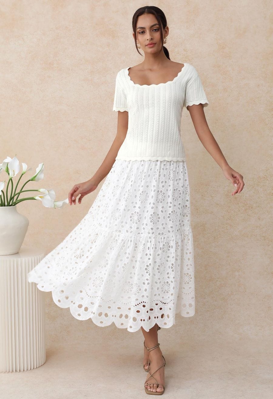 White Eyelet Tiered Maxi Skirt With Knit Top — Elegant White Maxi Skirt Outfit