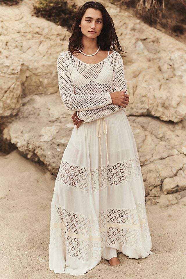 White Tiered Maxi Skirt With Crochet Knit Top and Beaded Necklace — Elegant White Maxi Skirt Outfit