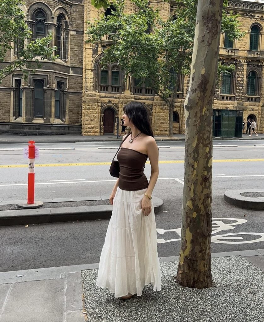 White Tiered Maxi Skirt With Brown Tube Top — Elegant White Maxi Skirt Outfit