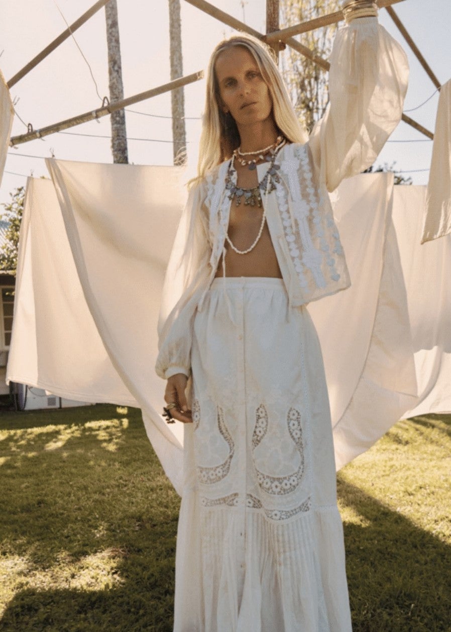 White Embroidered Maxi Skirt With Cropped Jacket — Elegant White Maxi Skirt Outfit
