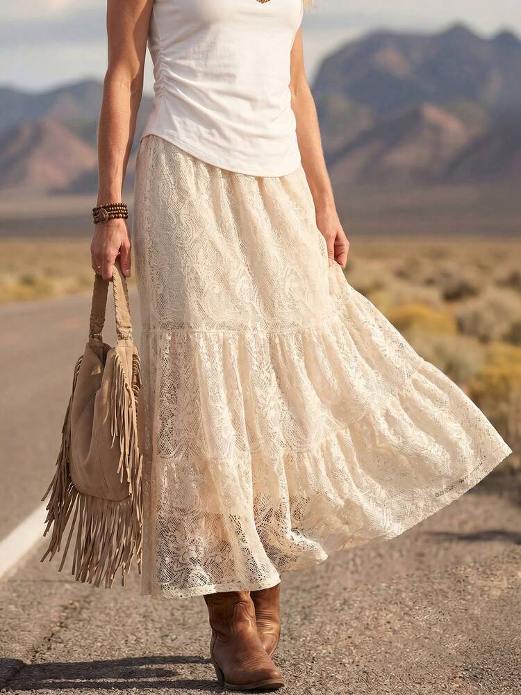 Off-White Lace Tiered Maxi Skirt With T-Shirt — Elegant White Maxi Skirt Outfit