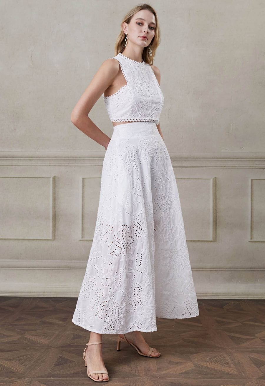White Eyelet Maxi Skirt With Cropped Top — Elegant White Maxi Skirt Outfit