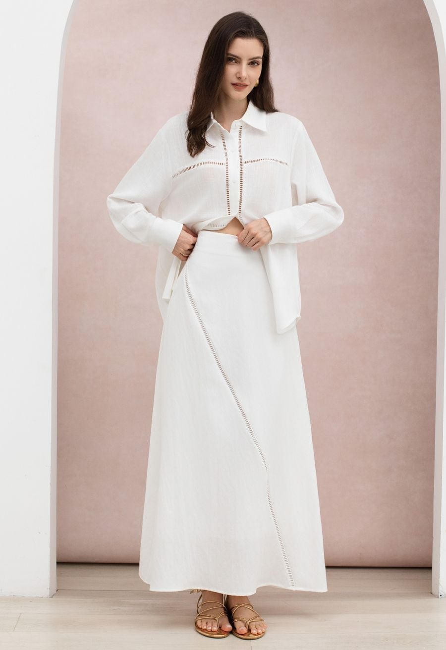 White Asymmetrical Wrap Maxi Skirt With Oversized Shirt — Elegant White Maxi Skirt Outfit