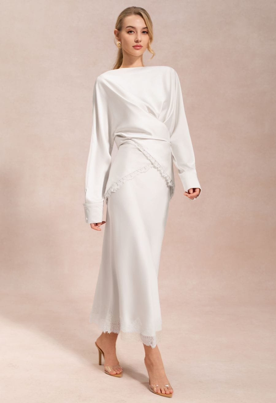 White Satin Maxi Skirt With Lace Hem And Draped Blouse — Elegant White Maxi Skirt Outfit