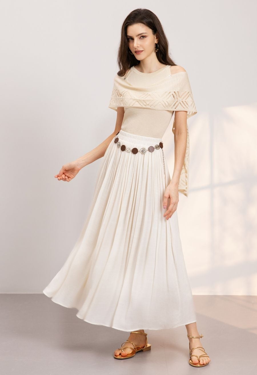 Ivory Crinkle Maxi Skirt With Off-the-Shoulder Top — Elegant White Maxi Skirt Outfit