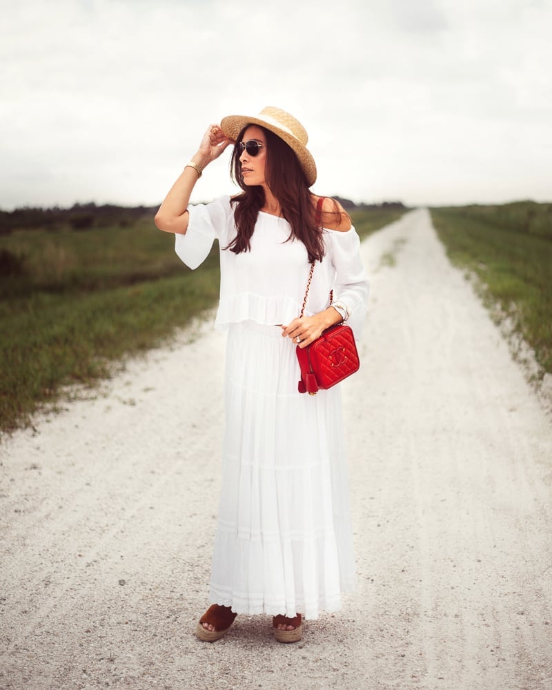 White Tiered Cotton Maxi Skirt With Off-Shoulder Blouse — Elegant White Maxi Skirt Outfit