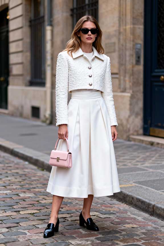 White Textured Jacket and Pleated Midi Skirt — Elegant White Skirt Outfit