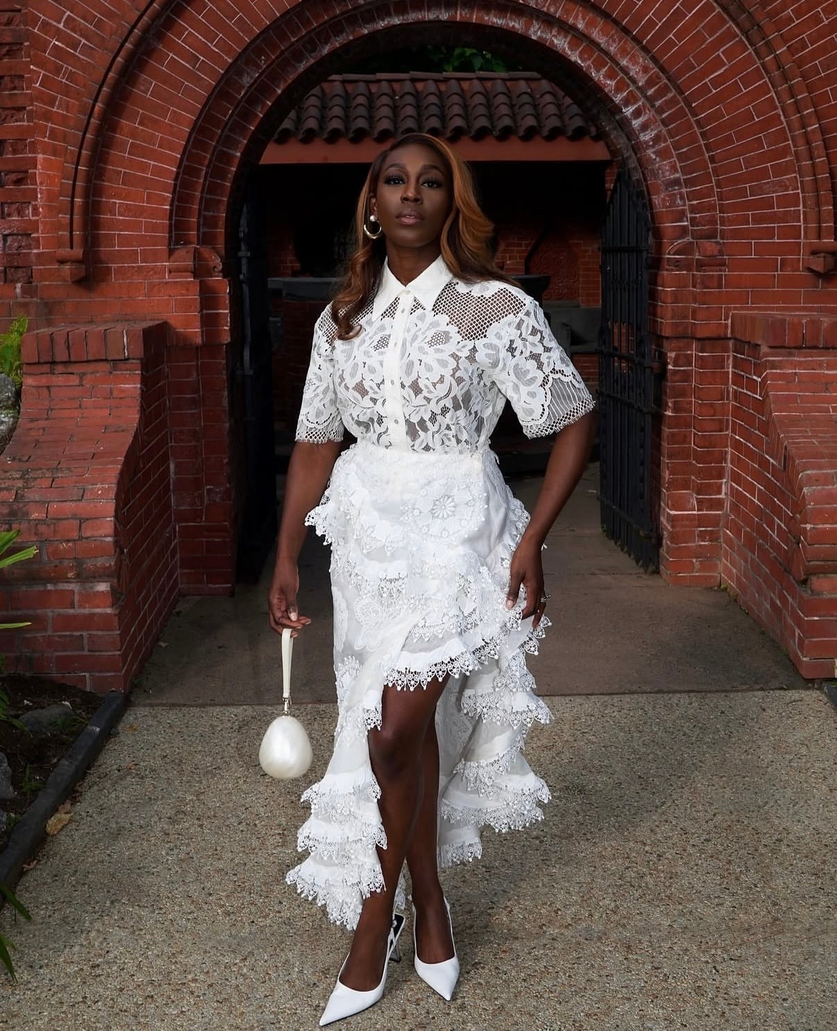 White Asymmetrical Ruffled Midi Skirt with Lace Top — Elegant White Skirt Outfit