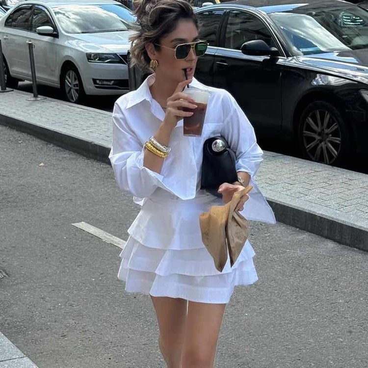Tiered White Mini Skirt with Collared Shirt and Fitted Top — Elegant White Skirt Outfit