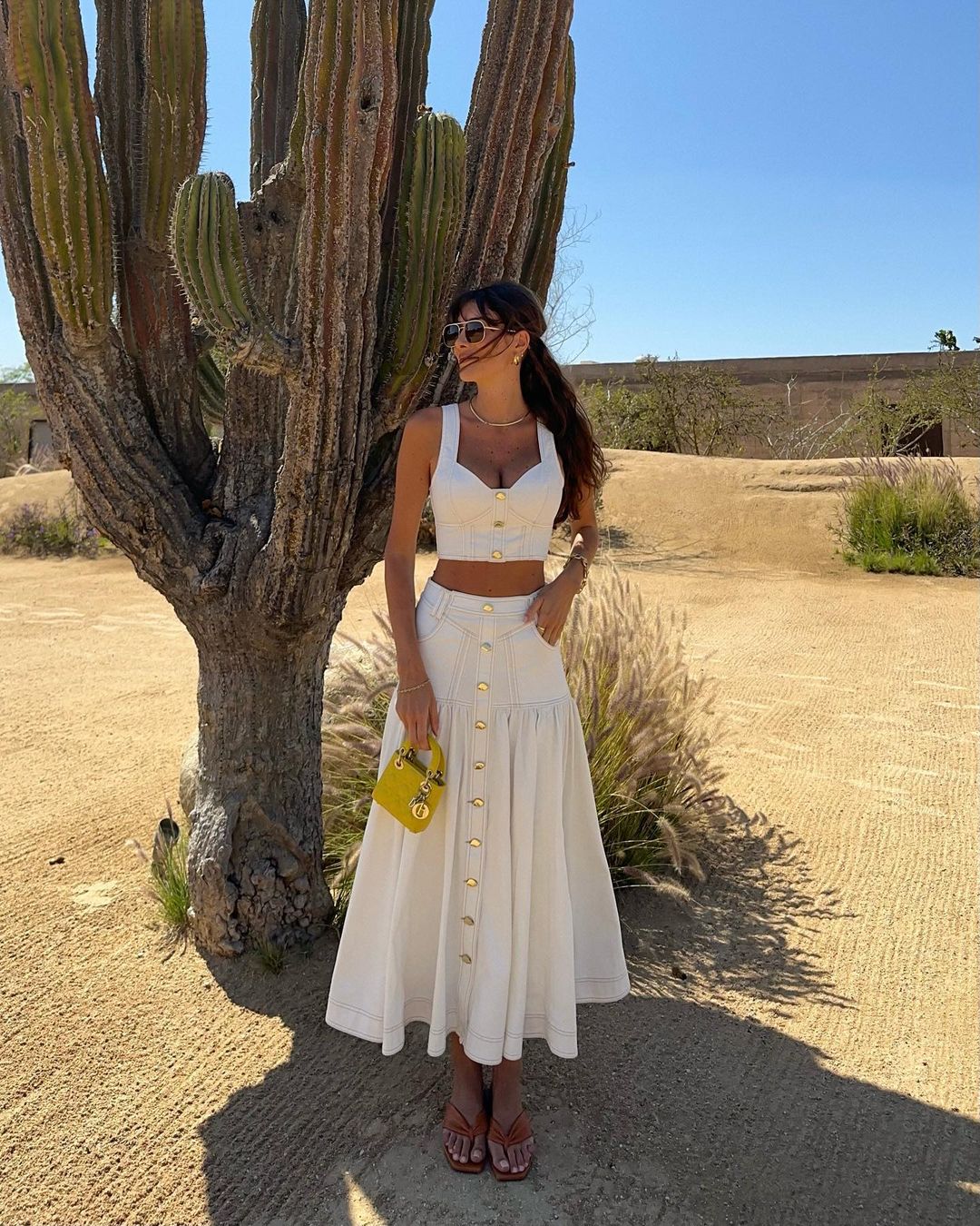 White A-line Midi Skirt with Gold Button Details and Denim-Like Cotton — Elegant White Skirt Outfit