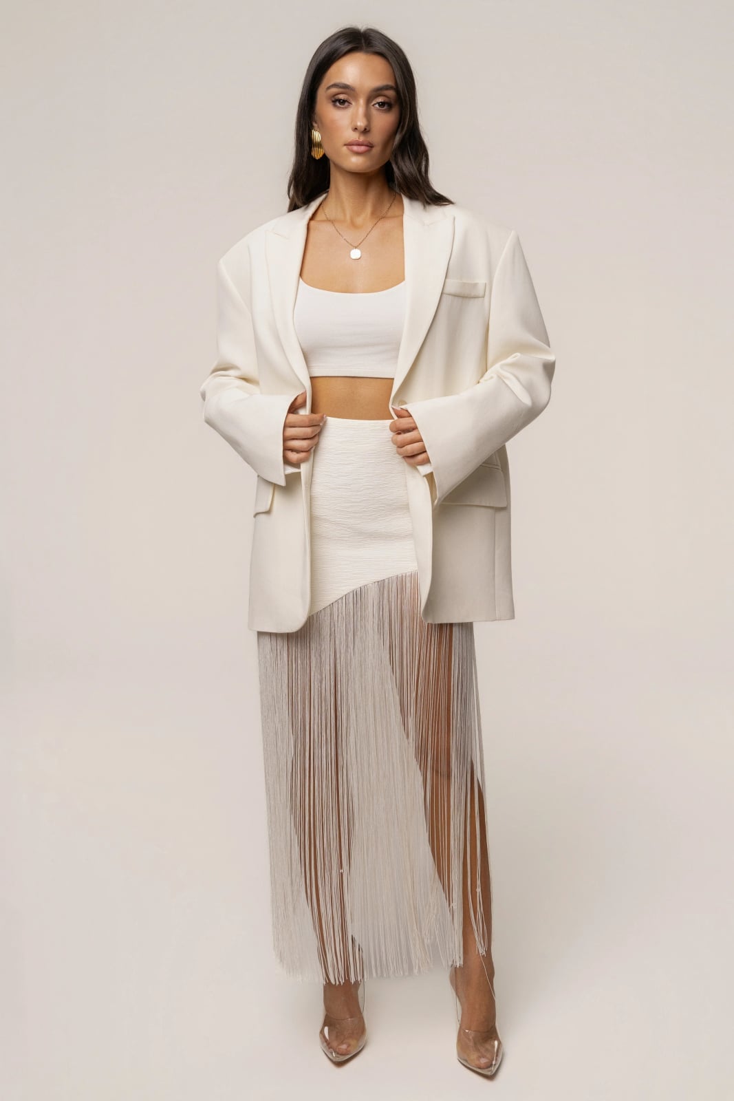 Ivory Fringe Skirt with White Crop Top and Blazer, Close-Up Take — Elegant White Skirt Outfit