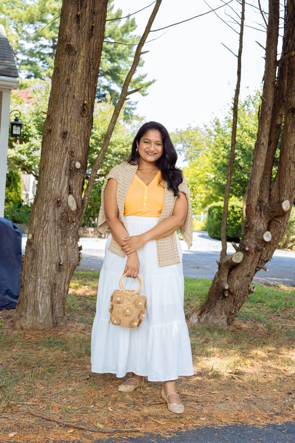 White Tiered Midi Skirt with Crochet Cardigan and Espadrille Flats — Elegant White Skirt Outfit