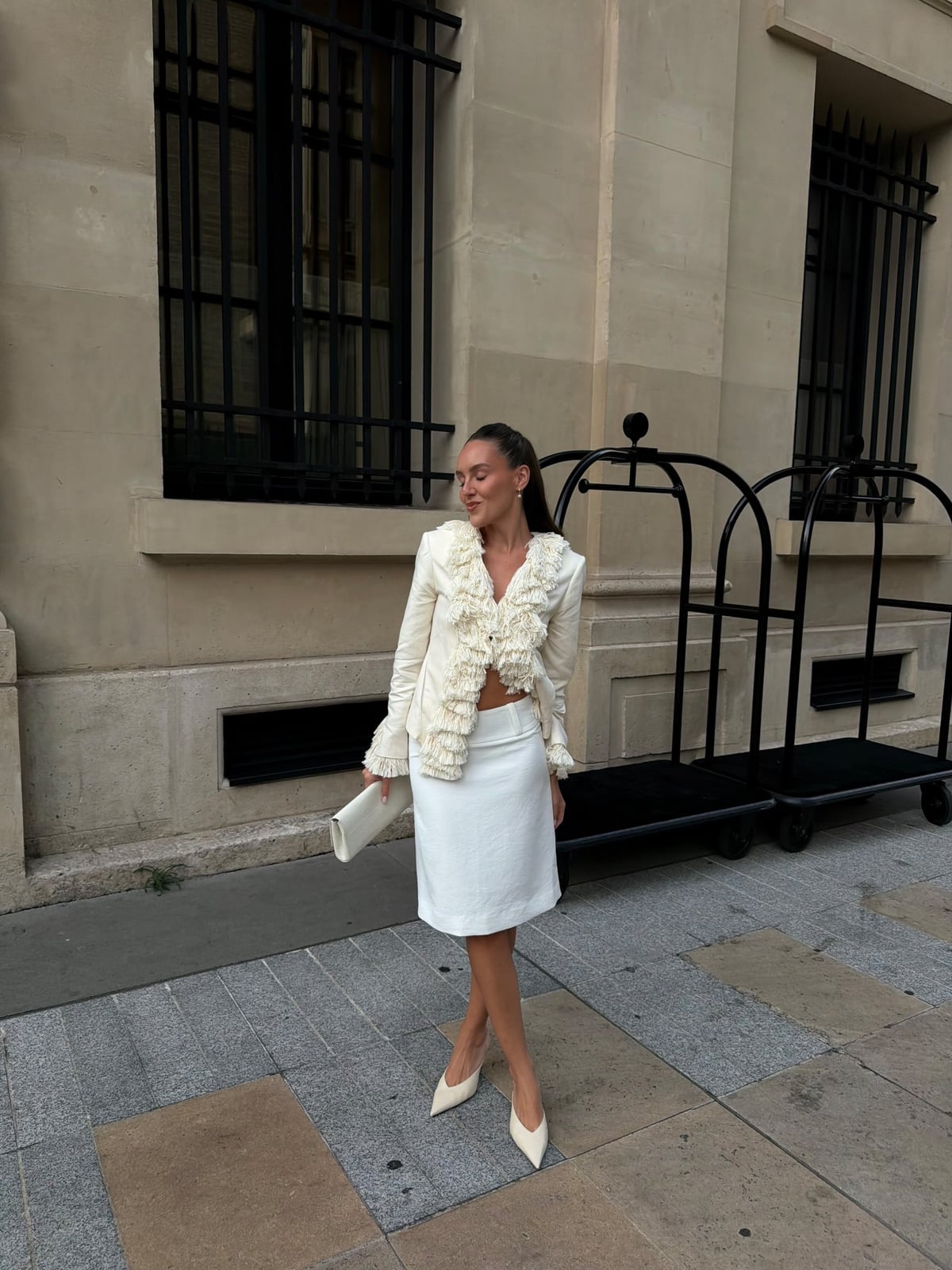White Linen-Blend Midi Skirt with Fringe Jacket — Elegant White Skirt Outfit