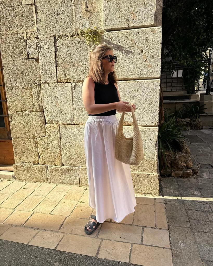 Flowing White Linen Maxi Skirt with Black Top — Elegant White Skirt Outfit