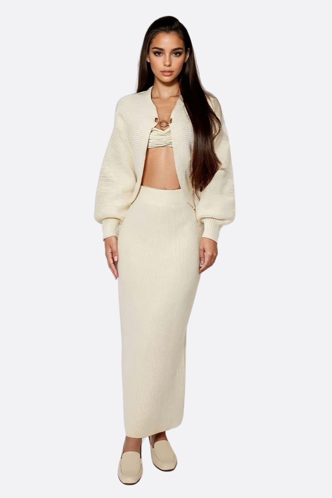 Cream Knit Maxi Skirt with Bralette and Cardigan — Elegant White Skirt Outfit