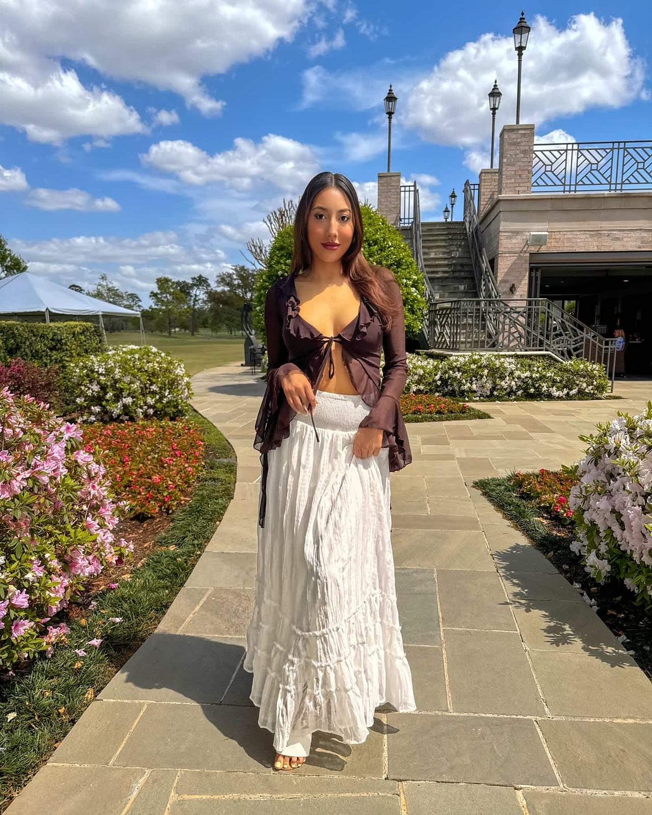 White Ruffled Maxi Skirt with Sheer Tie-Front Top — Elegant White Skirt Outfit