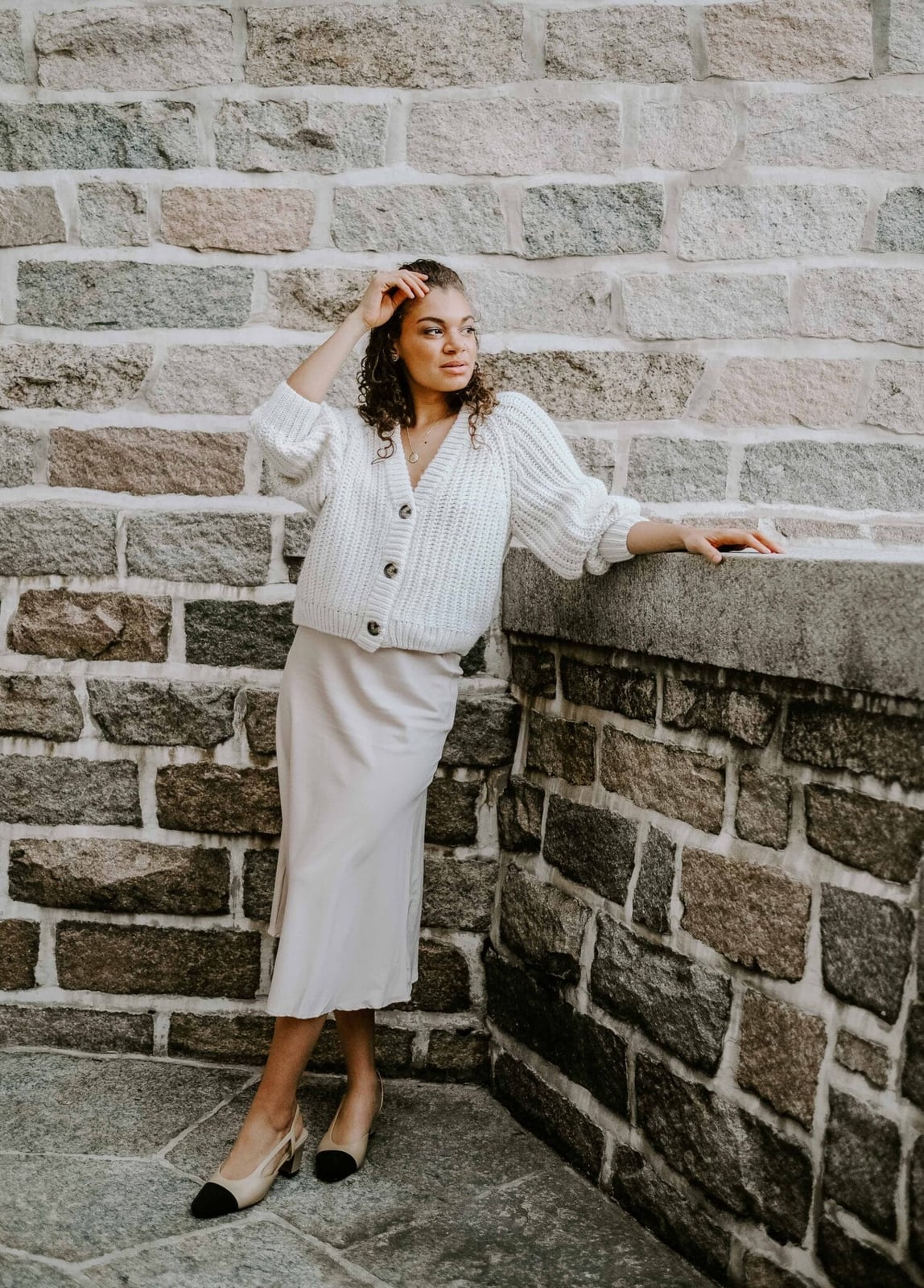 Beige Silk Satin Slip Midi Skirt with Knit Cardigan — Elegant White Skirt Outfit