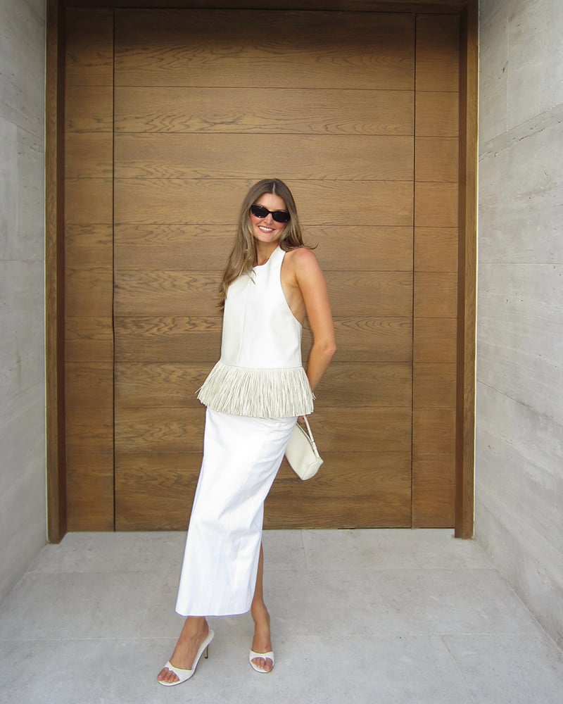 White Maxi Skirt with Fringe Detail Top — Elegant White Skirt Outfit
