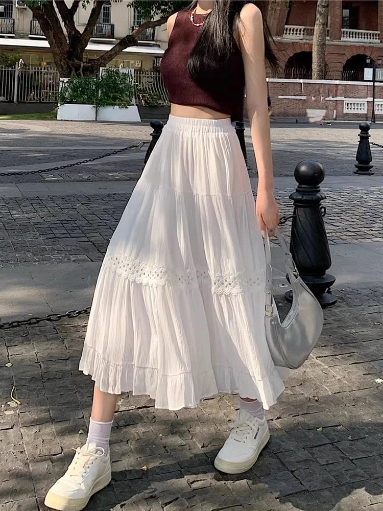 White Tiered Midi Skirt with Lace Trim — Elegant White Skirt Outfit