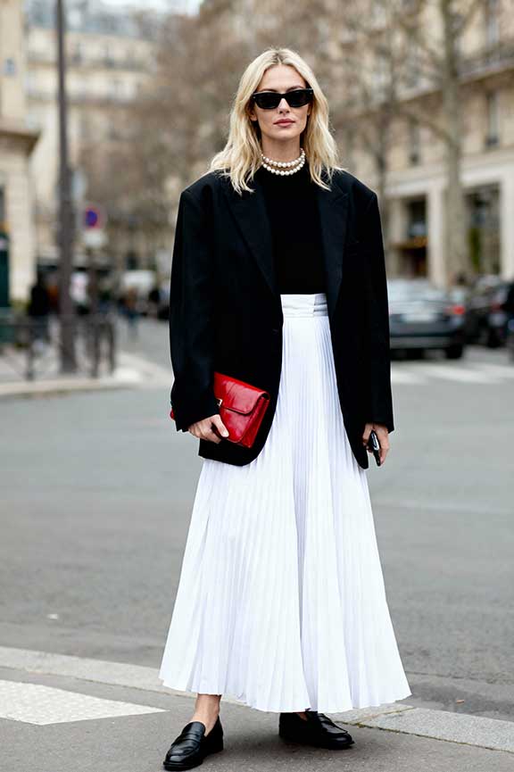 Black Blazer Over White Midi Skirt — Elegant White Skirt Outfit
