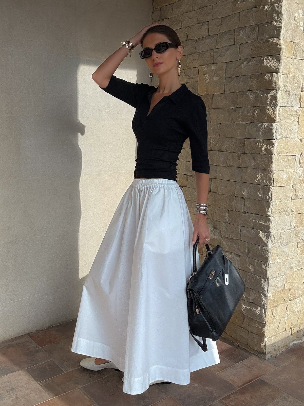 White Full A-line Maxi Skirt with Polo Shirt — Elegant White Skirt Outfit