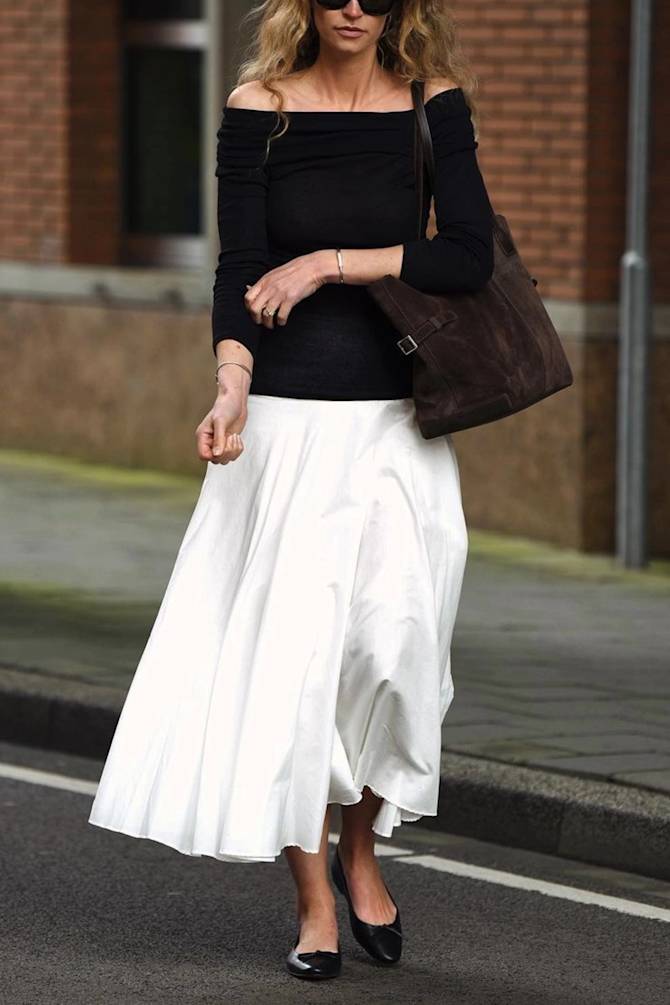Flowy White Maxi Skirt and Off-The-Shoulder Top — Elegant White Skirt Outfit