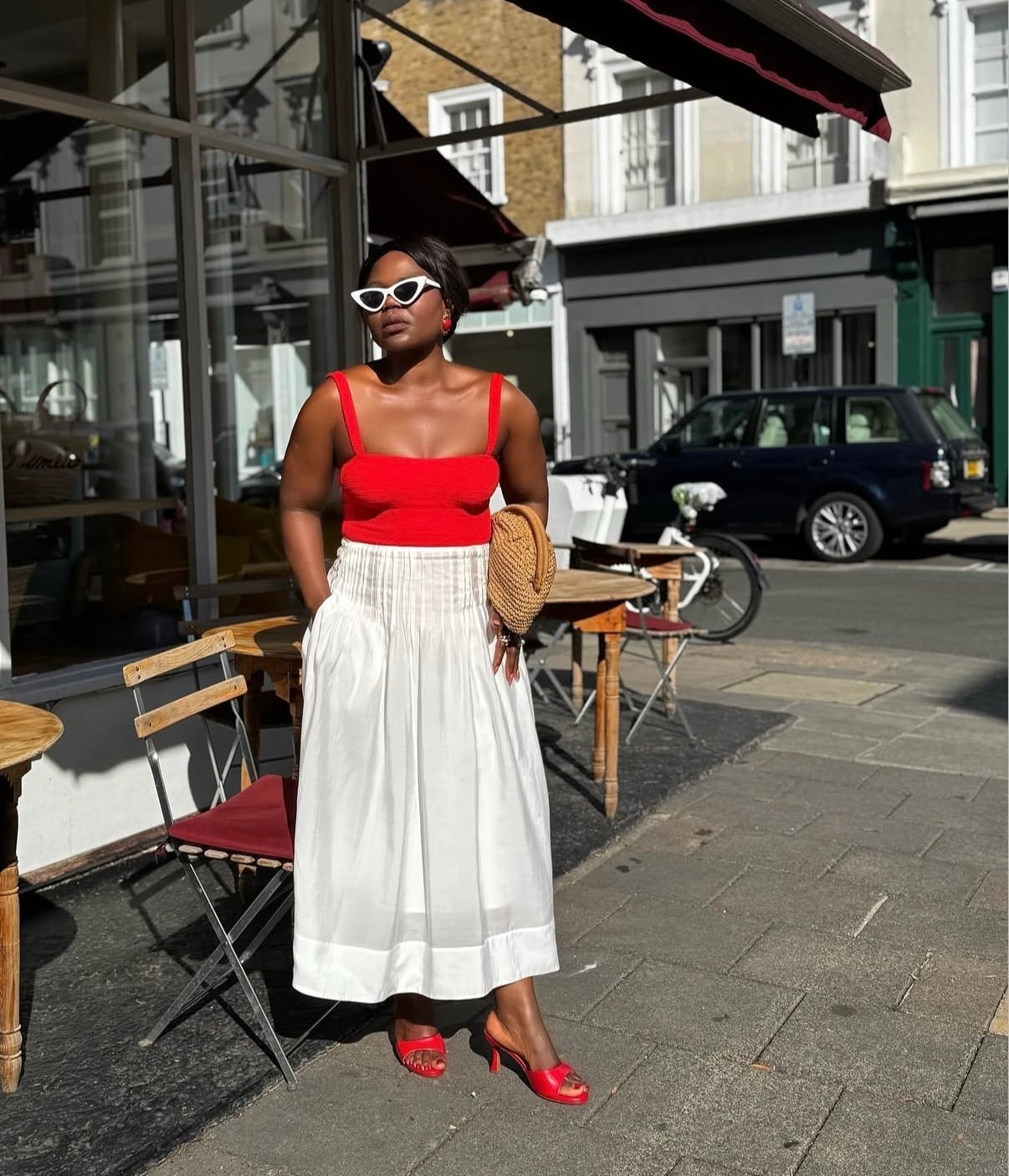 White Woven Midi Skirt with Red Tank Top — Elegant White Skirt Outfit