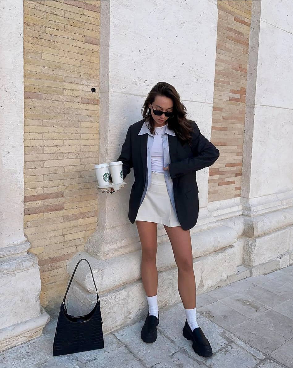 White Mini Skirt with Oversized Dark Blazer — Elegant White Skirt Outfit