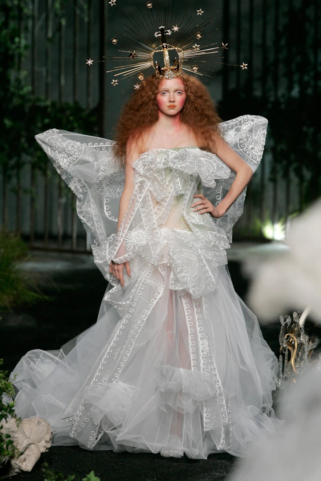 Voluminous White Gown With Sheer Ruffled Tiers, Close-Up Take Voluminous White Gown With Sheer Ruffled Tiers, Close-Up Take — Ethereal Dress Ideas