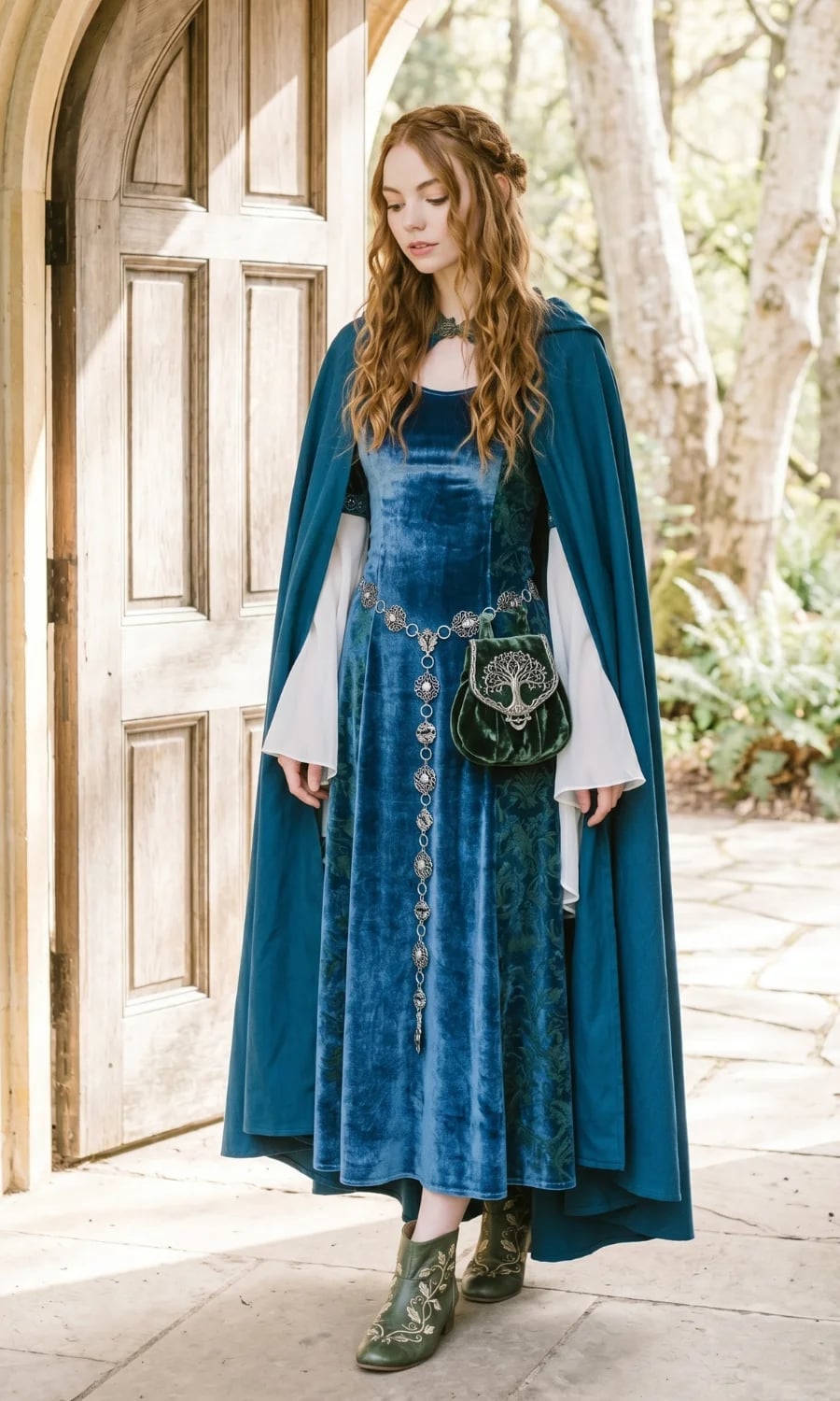 Teal Velvet Medieval Dress With Sheer Sleeves and Cape, Close-Up Take Teal Velvet Medieval Dress With Sheer Sleeves and Cape, Close-Up Take — Ethereal Dress Ideas