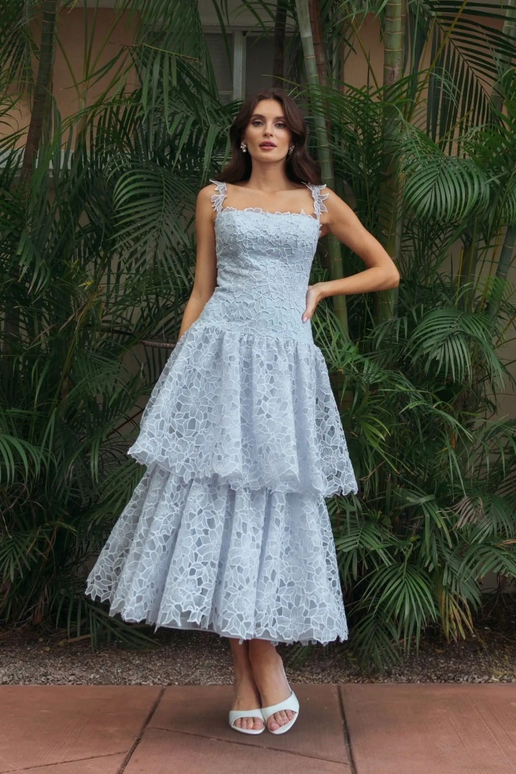 Light Blue Tiered Lace Dress For Wedding Guests, Close-Up Take Light Blue Tiered Lace Dress For Wedding Guests, Close-Up Take — Ethereal Dress Ideas
