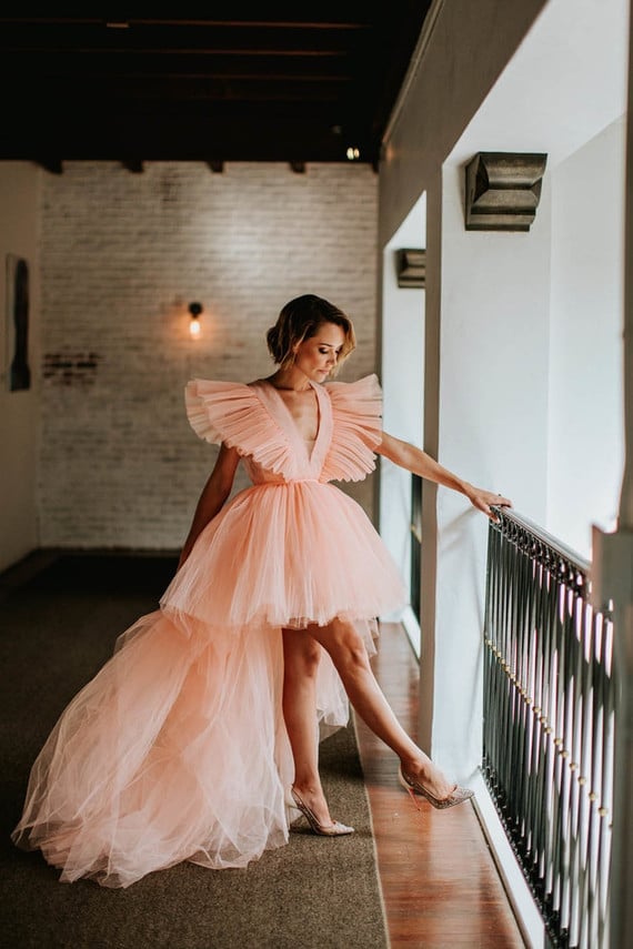 Pale Peach Tulle Dress With Ruffled Neckline and High-Low Hem Pale Peach Tulle Dress With Ruffled Neckline and High-Low Hem — Ethereal Dress Ideas