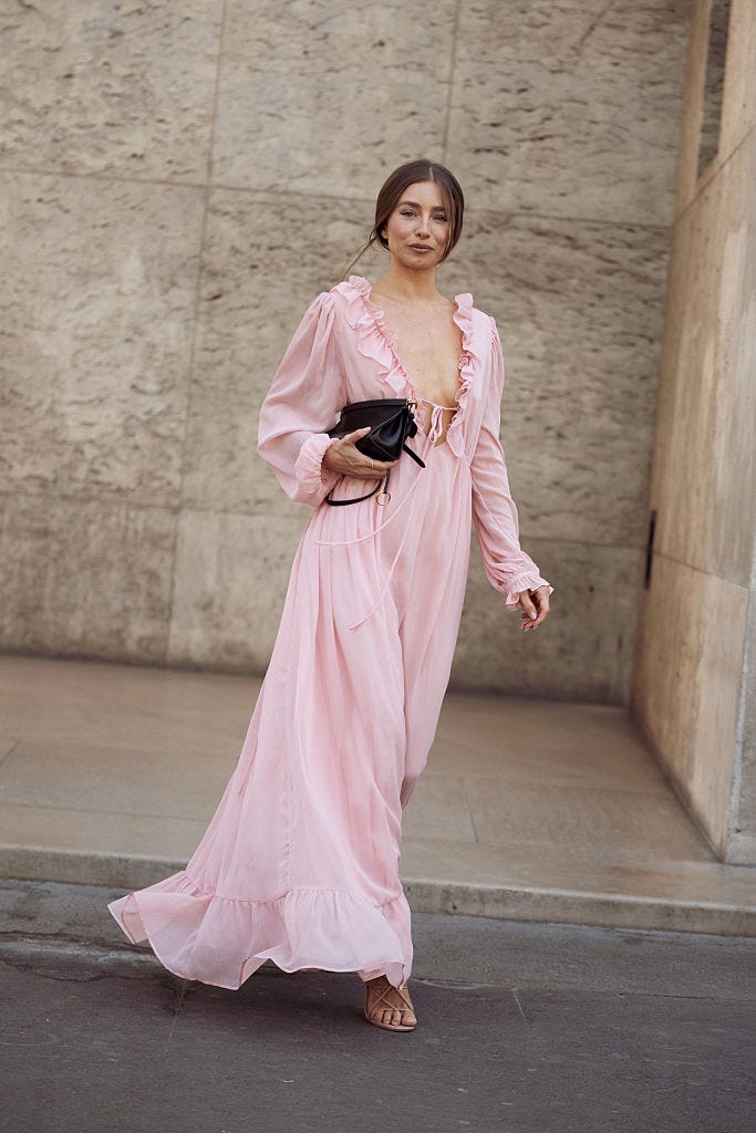 Flowing Pink Ruffled Dress With Deep V-Neckline Flowing Pink Ruffled Dress With Deep V-Neckline — Ethereal Dress Ideas
