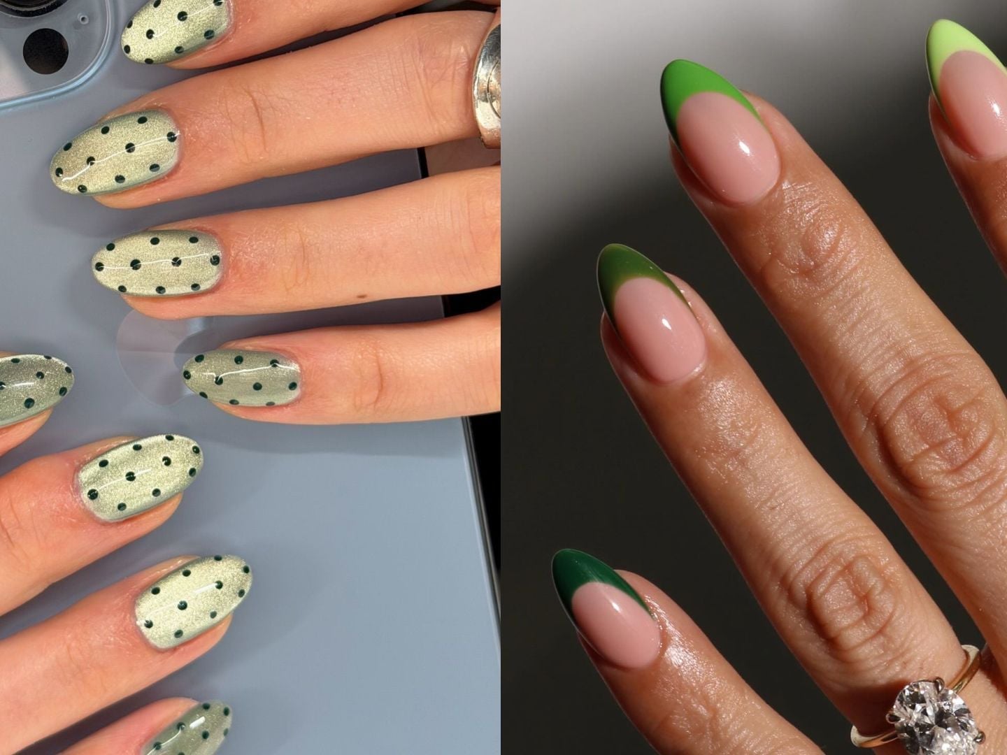 Short Light Green Shimmer Nails with Black Polka Dots Short Light Green Shimmer Nails with Black Polka Dots — Gel Nail Art Ideas