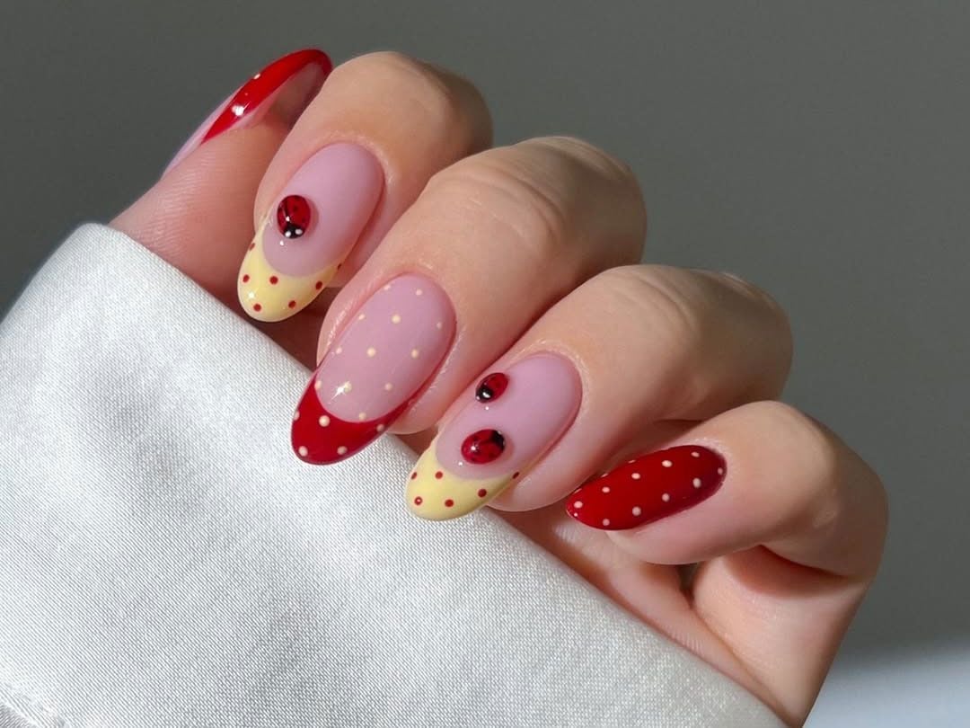 Medium Oval Nails with Polka Dots, Ladybugs, and Red French Tips Medium Oval Nails with Polka Dots, Ladybugs, and Red French Tips — Gel Nail Art Ideas