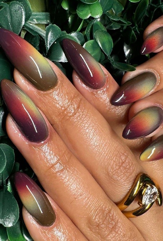 Medium Almond Nails with Burgundy to Yellow Gradient Medium Almond Nails with Burgundy to Yellow Gradient — Gel Nail Art Ideas