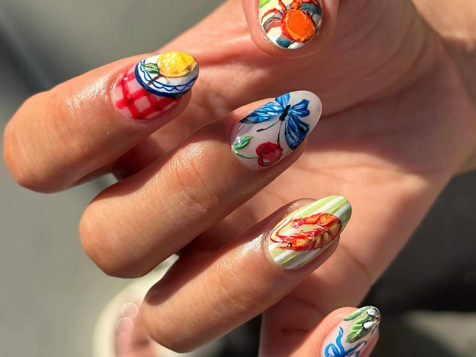 Sheer Nude Medium Almond with Painted Wildflowers, Close-Up Take Sheer Nude Medium Almond with Painted Wildflowers, Close-Up Take — Gel Nail Art Ideas