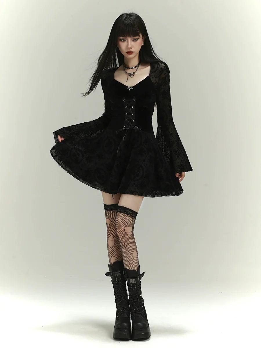 Velvet Corset Dress with Fishnet Stockings Velvet Corset Dress with Fishnet Stockings — Goth Style Ideas