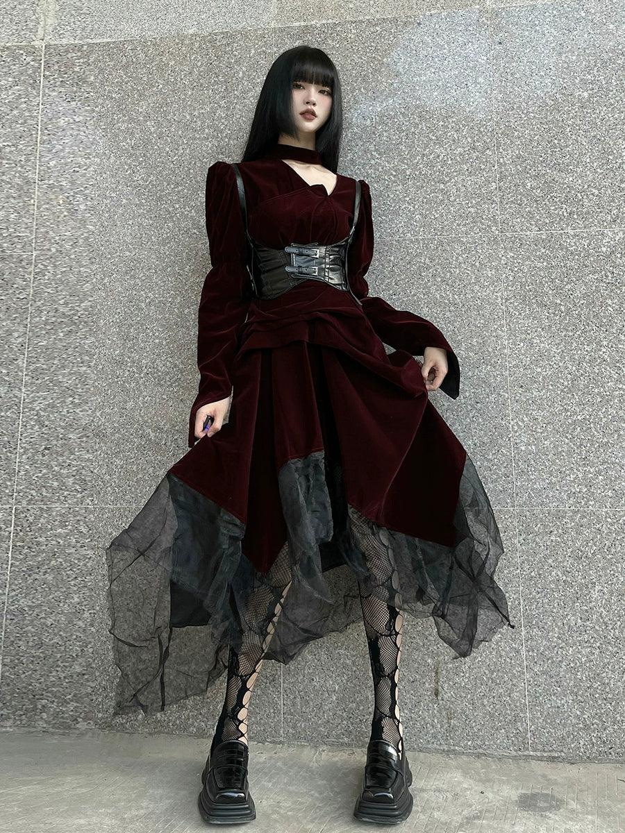 Burgundy Velvet Corset Dress with Mesh Skirt Burgundy Velvet Corset Dress with Mesh Skirt — Goth Style Ideas