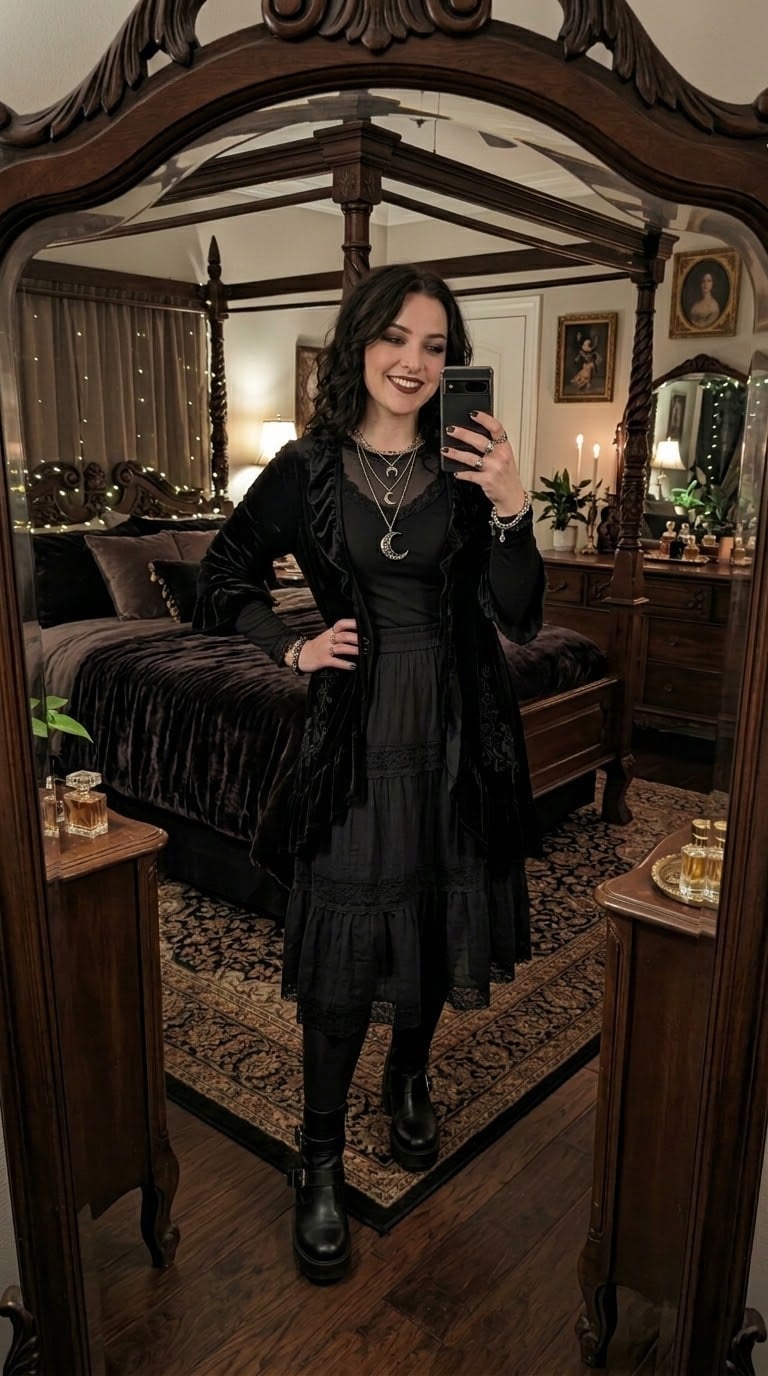 Velvet Jacket and Tiered Skirt Combination Velvet Jacket and Tiered Skirt Combination — Goth Style Ideas
