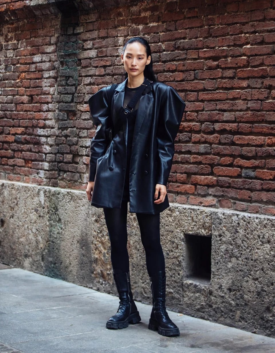 Oversized Faux Leather Blazer and Mesh Top Oversized Faux Leather Blazer and Mesh Top — Goth Style Ideas