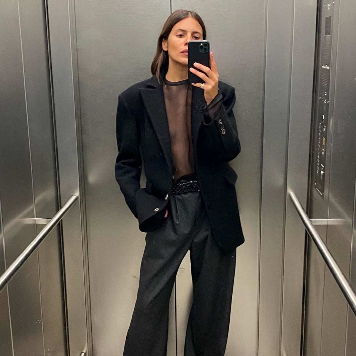 Oversized Blazer with Sheer Top and Wide-Leg Trousers Oversized Blazer with Sheer Top and Wide-Leg Trousers — Goth Style Ideas