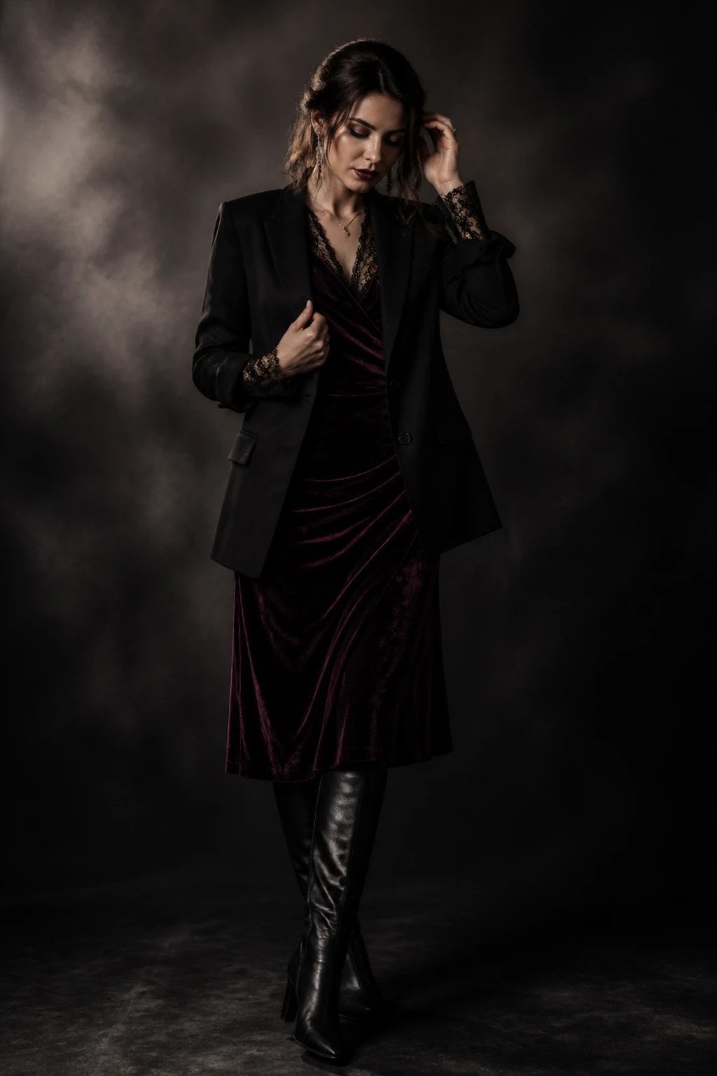 Purple Velvet Dress Under Oversized Blazer Purple Velvet Dress Under Oversized Blazer — Goth Style Ideas