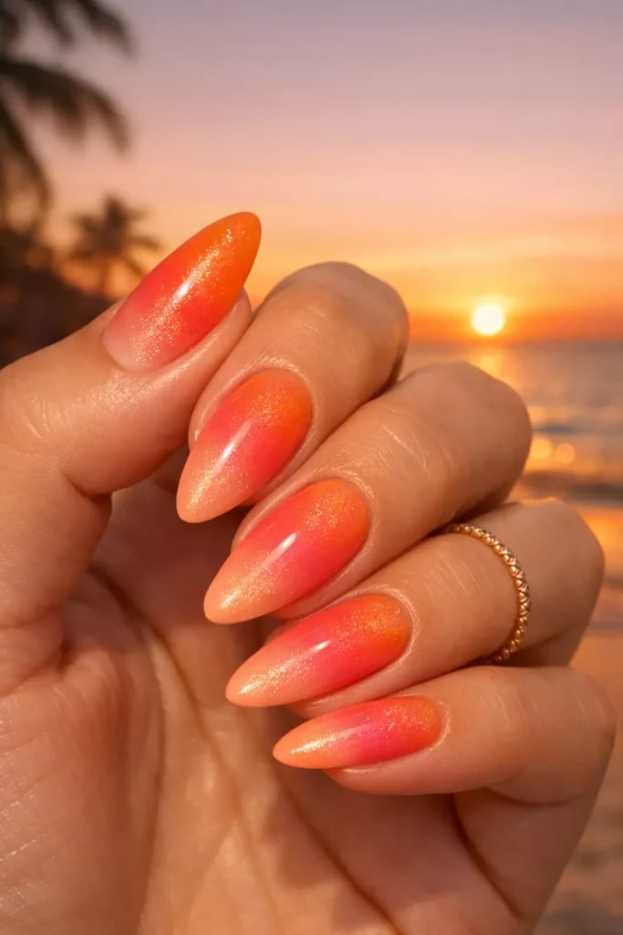 Vibrant Orange to Pink Shimmer Pointed Nails Vibrant Orange to Pink Shimmer Pointed Nails — Gradient Nail Ideas