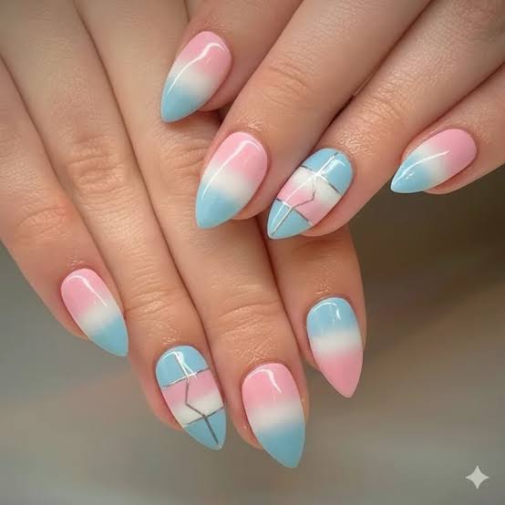Pink to Blue Gradient With Silver Lines Pink to Blue Gradient With Silver Lines — Gradient Nail Ideas
