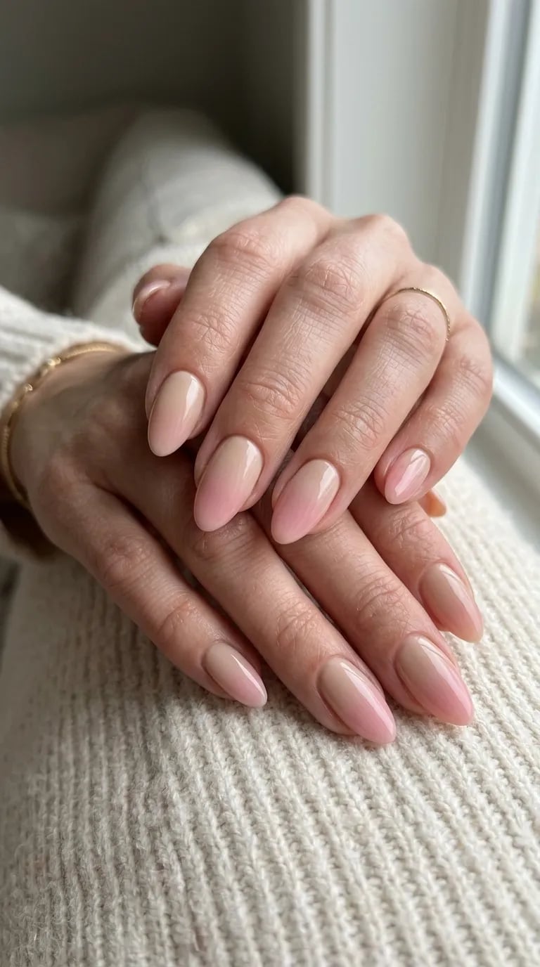 Sheer Nude to Pink Glossy Short Almond Sheer Nude to Pink Glossy Short Almond — Gradient Nail Ideas