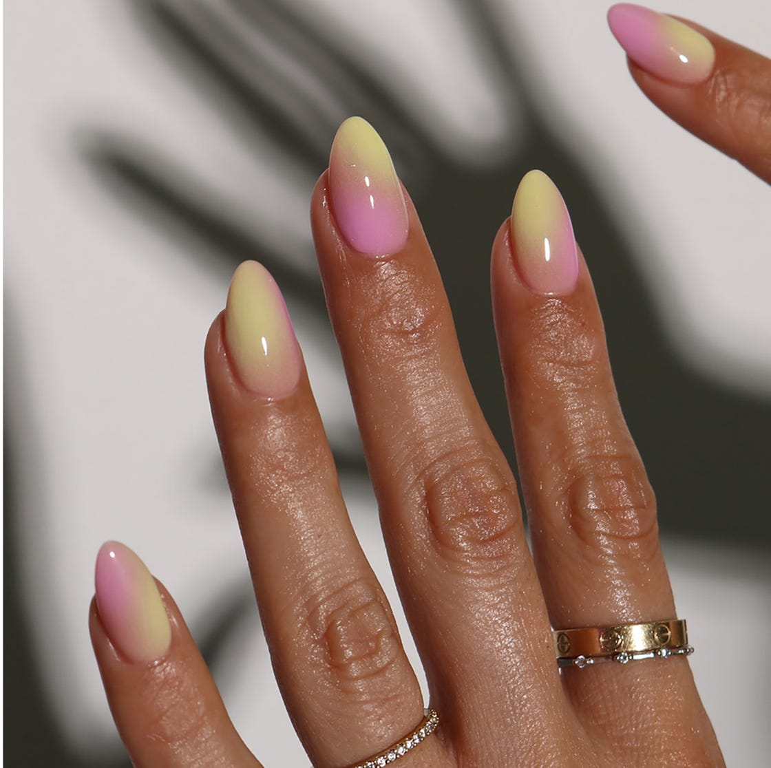 Horizontal Pink to Yellow Sheer Base Long Almond Horizontal Pink to Yellow Sheer Base Long Almond — Gradient Nail Ideas