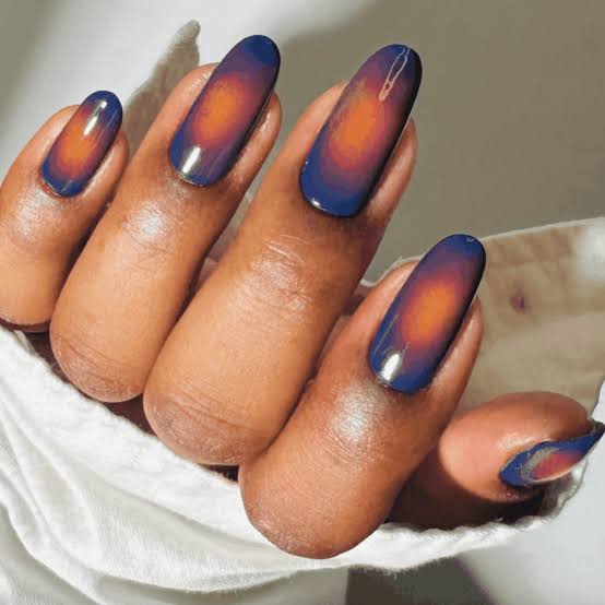 Deep Navy to Orange Long Almond Gradient Deep Navy to Orange Long Almond Gradient — Gradient Nail Ideas