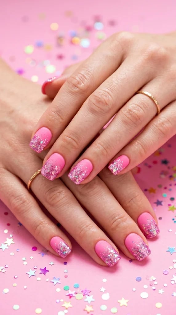 Matte Pink White Glitter Tips Short Square Matte Pink White Glitter Tips Short Square — Gradient Nail Ideas