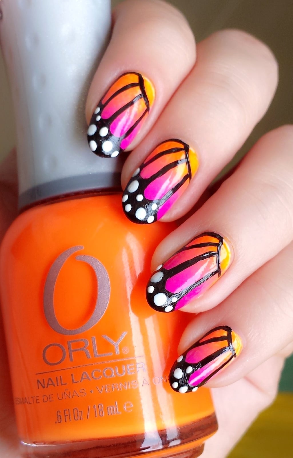 Neon Yellow Pink Orange Butterfly Art Short Oval Neon Yellow Pink Orange Butterfly Art Short Oval — Gradient Nail Ideas